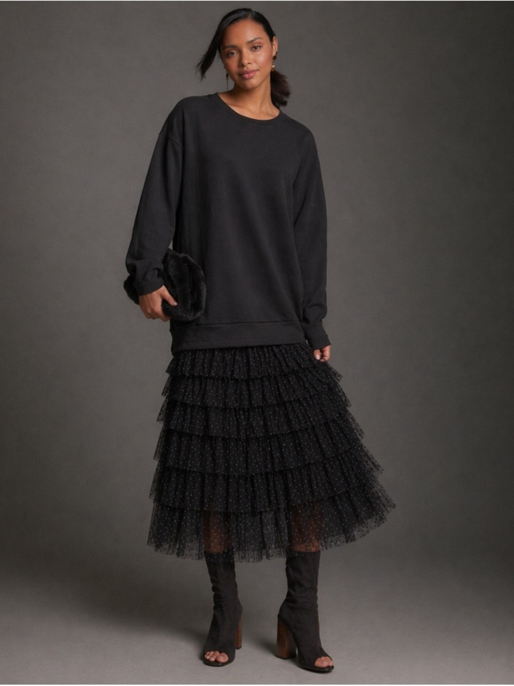 Cupcakes & Cashmere Black Tiered Tulle Midi Skirt Glam Sheer Layers Size Large - Picture 10 of 13